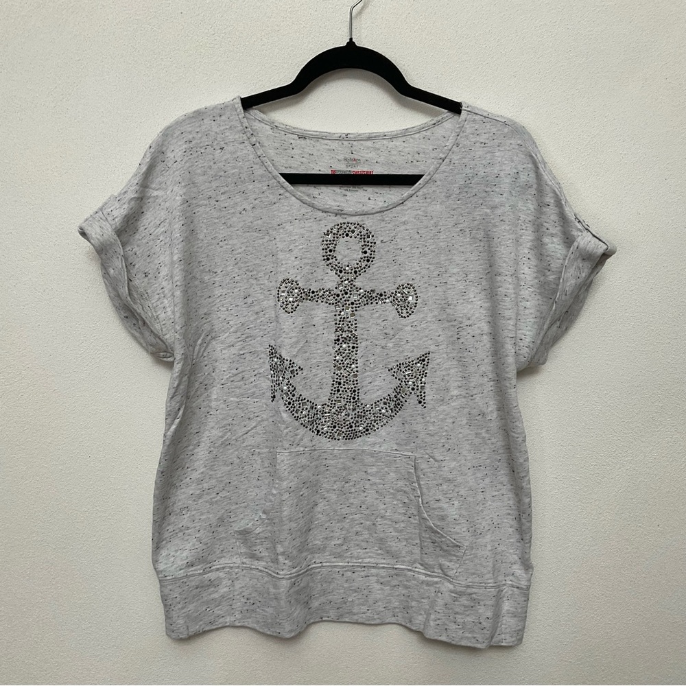 Style & Co Grey Speckled Short Sleeve With Bedazzled Anchor Top Size PL
